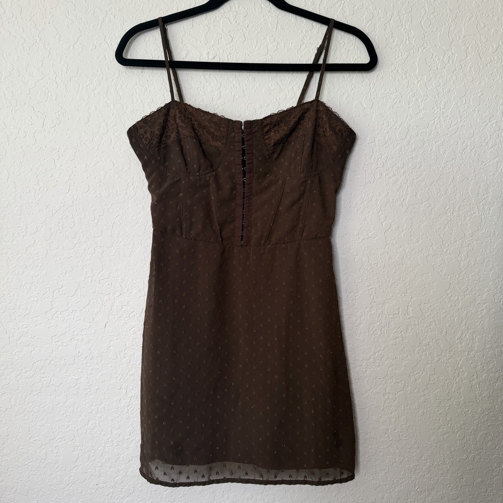 Babydoll Slip Dress Corset Lace Small Brown Mini Fairy Grunge Y2K Sheer Overlay